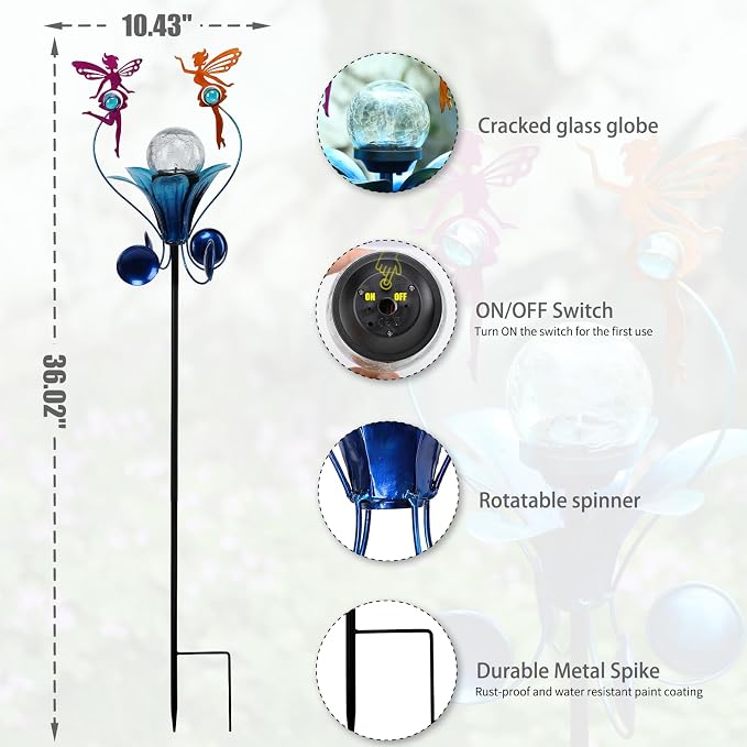 Decorative Solar Outdoor Light, Fairy Glass Globe Stake For Lawn Yard | Solar Fairy Lights With Wind Spinner Design, Crackle Glass Globe, Auto On/Off For Garden, Lawn, Yard