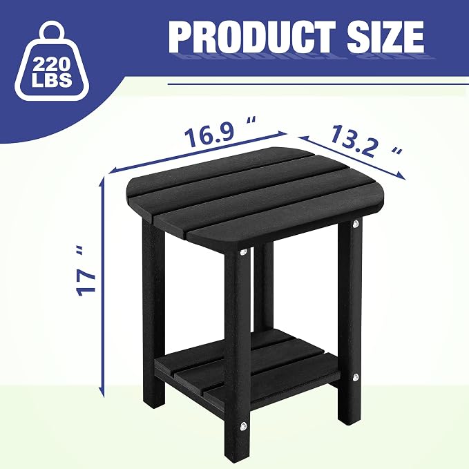 LZRS 2-Tier Patio Side Table, Heavy Duty HDPE Outdoor End Table with Wood Texture, Weatherproof Composite Table for Adirondack Chairs, Deck, Pool, Indoor/Outdoor, No Peeling Cracking(Black)