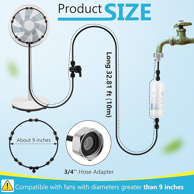 Enhon Outdoor Misting Fan Kit with Filters, 32.8 ft Misting Line, 5 Brass Nozzles, Fan Cooling Mister with Switch Valve for Patio Breeze Garden Greenhouse Backyard Yard BBQ Accessories, Party Supplies