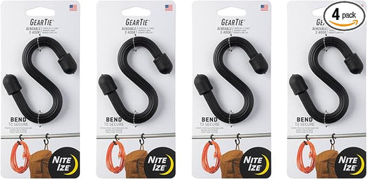 Nite Ize Gear Tie Bendable S-Hook - Utility S-Hook for Hanging - Bendable Rubber Hook Cable - Strong Hook for Closets, Garages & More - Tough Rubber Shell with Flexible Wire - Black (4 Pack)