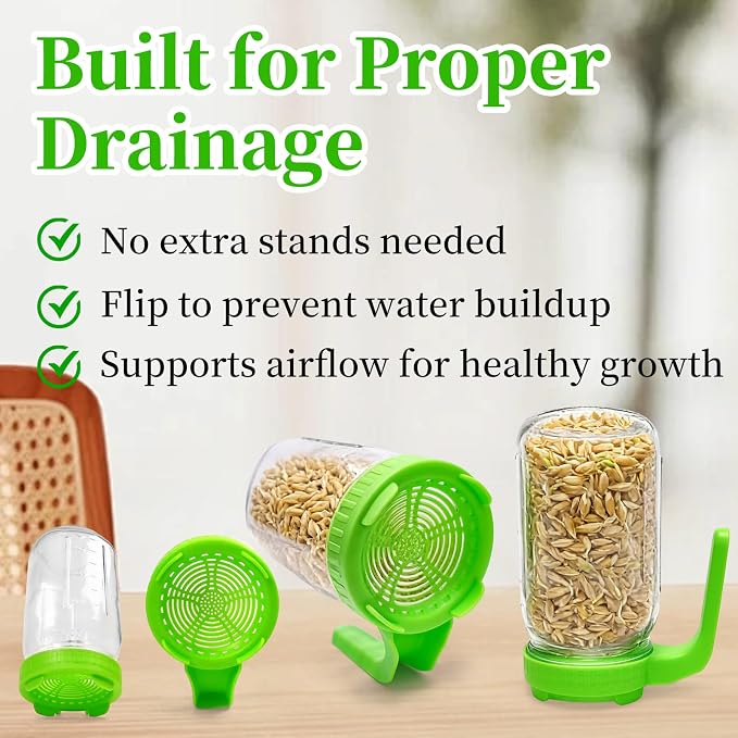 Mason Jar Sprouting Kit, Green, 6pcs, Wide Mouth Lids | Jars Not Included