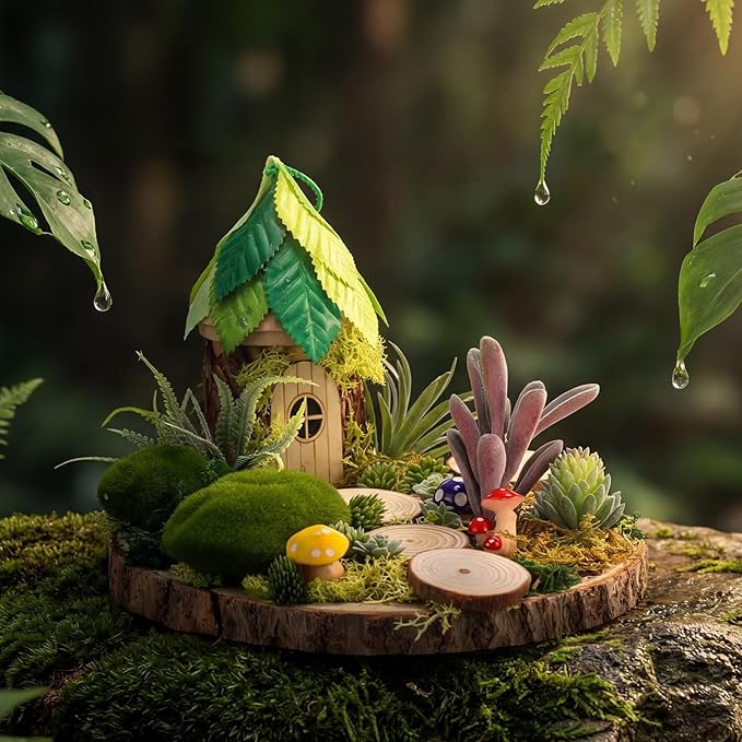 Amyhill DIY Fairy Garden Kit Make Your Own Wooden Mini House Craft Kit Miniature Fairy Garden Accessories Micro Mushrooms Plants Ornaments Craft for Outdoor Indoor Mini House Decor