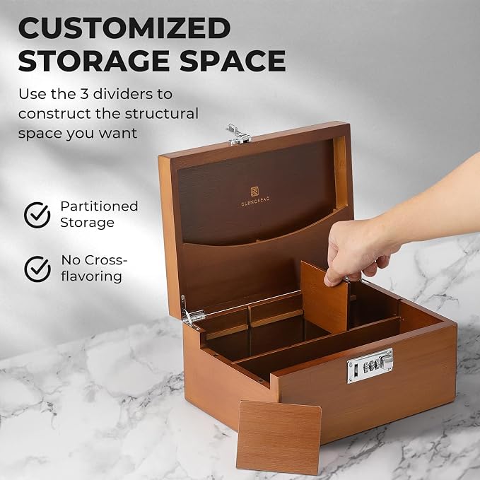 GLENCREAG Stash Box with Rolling Tray, Smell Proof Large Bamboo Storage Box with Lock, Decorative Set Includes Glass Jars & Grinder, Gift for Men Women