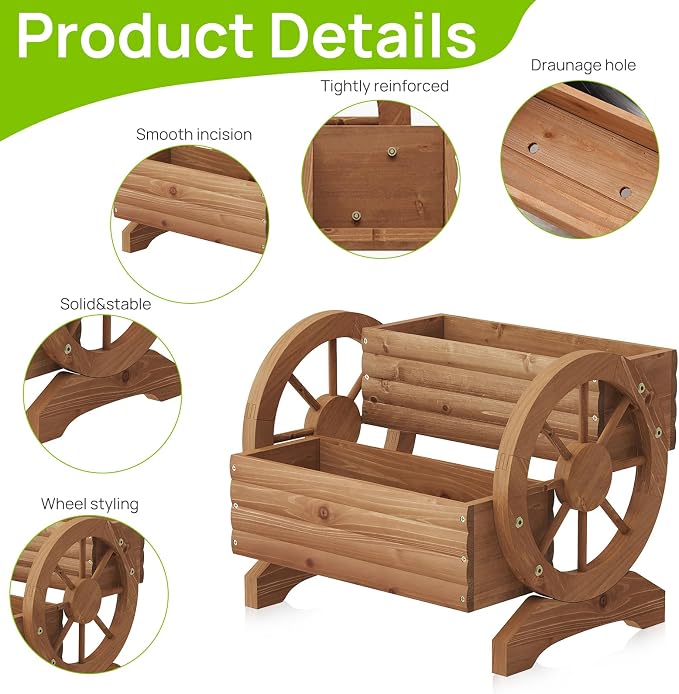 Wooden Wagon Planter Outdoor Flower Cart with Wheels Garden Planter, Decor Planter for Patio Decoration Succulent Flower Pot for Indoor Backyard Yard Decor Porch Balcony Planters (Brown, Medium)