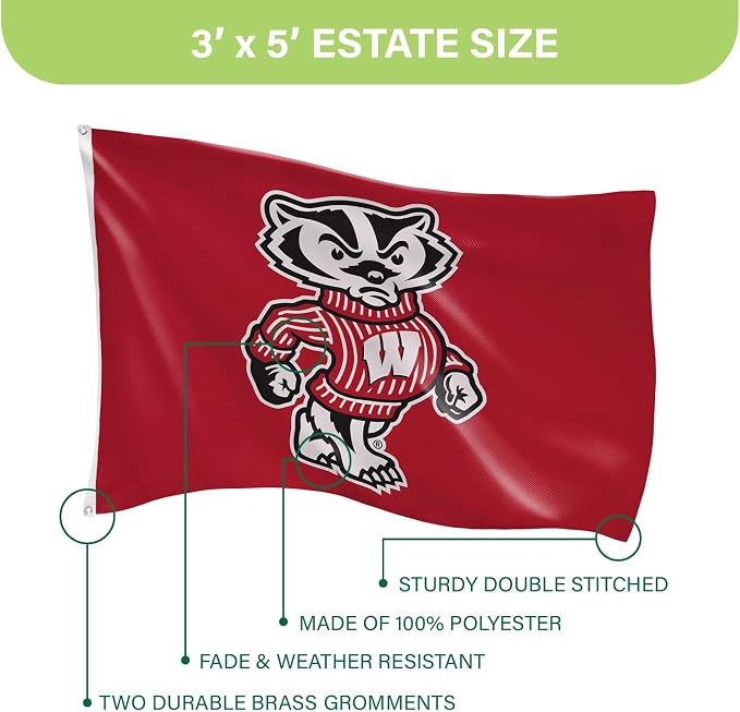 NCAA University of Wisconsin-Madison Flag with Grommets, 3'x5' Outdoor College Flags & Banners for Garden Patio Indoor Wall Décor for Dorm, Man Cave, Game Room
