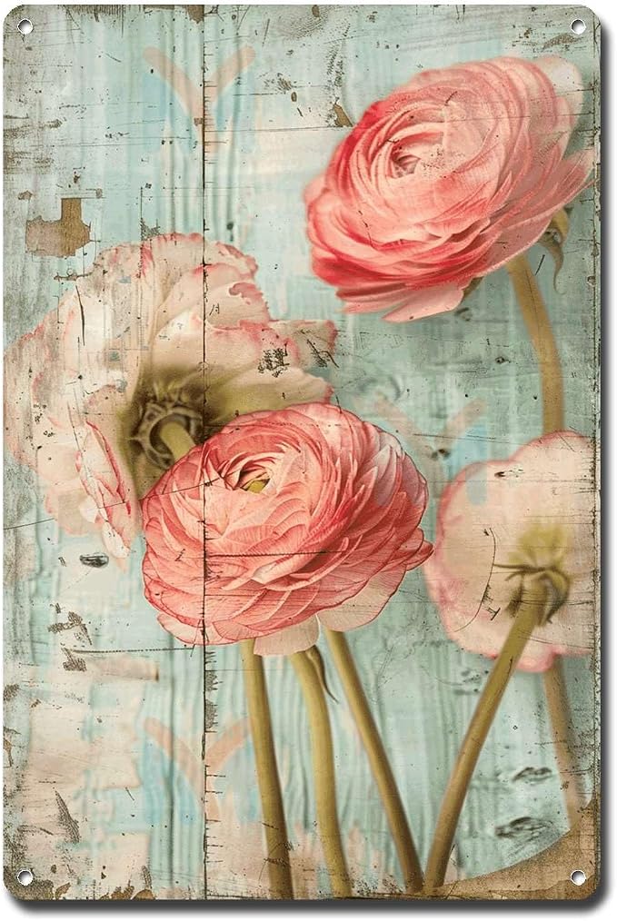 Metal Sign Tin Sign Vintage Wall Art Shabby Chic Ranunculus Tin Sign for Antique Floral Artistry Rustic Wall Art and Distressed Wood P Bar Sign for Room 8×12 Inches