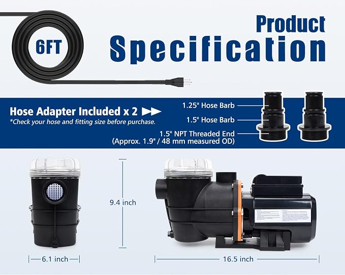 3/4 HP Above Ground Pool Pump with Timer, 3120 GPH 115V Self-Priming Sand Filter Pump Replacement with Filter Basket and 1.25/1.5-Inch Hose Adapters for Easy Installation