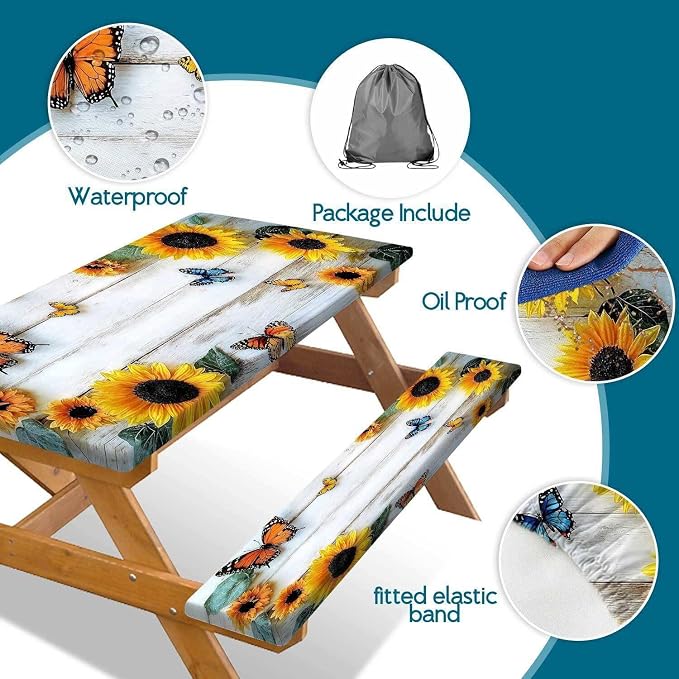 Picnic Table Cover with Bench Cover, Outdoor Patio Camping Essentials Farmhouse Sunflower Table Covers with Elastic Waterproof Camping Tablecloth with Drawstring Bag, 60In 3PCS