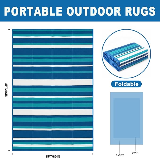 Outdoor Rug Camping Essentials - 5x8 FT Outdoor Plastic Straw Rug for Patio Clearance, Waterproof RV Essentials Outside Area Rug for Deck Garden, Backyard Patio Furniture Set, Blue White