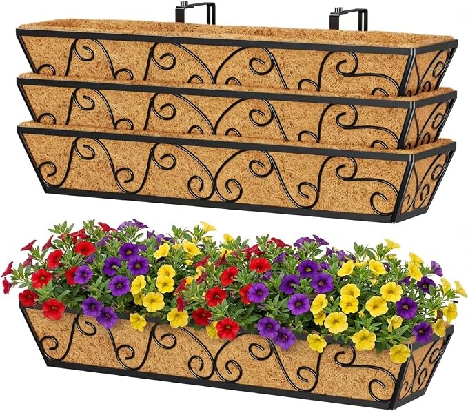 Y&M 30 Inch Butterfly Window Box Planter. Railing Planters for Outdoor Plants, Over the Railing Planter Boxes & Wall Mount, Rust-Resistant Steel with Coco Coir Liner for Balcony, Deck - 4 PCS