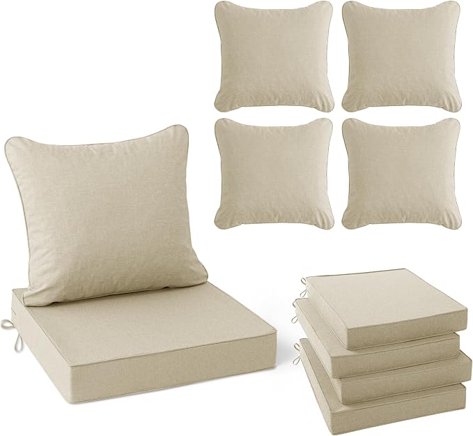 Summsun Patio Chair Cushions Set of 4, Faux Linen Outdoor Furniture Cushions, Water Resistant Backrest and Deep Seat Cushion Set with Ties, Removable Cover, Non-Slip Bottom, 24 x 24 Inch, Beige