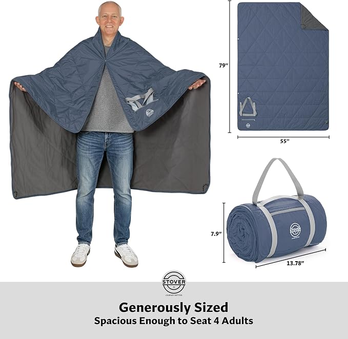 STOVER Large Waterproof Outdoor Stadium Blanket - Extra Thick Soft Fleece Camping Blanket for Travel, Picnics, Sports, Dogs - 79"x55", Warm, Windproof, Sand-Proof, Lightweight, Packable (Stadium Blue)