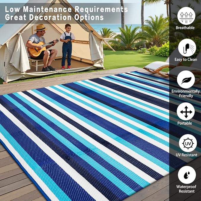 HUGEAR Outdoor Waterproof Rug 8'x10' Plastic Straw Rugs Washable Reversible Floor Mat Blue Stripe Carpet for Camping RV Deck Entryance Porch Picnic Balcony Beach Backyard