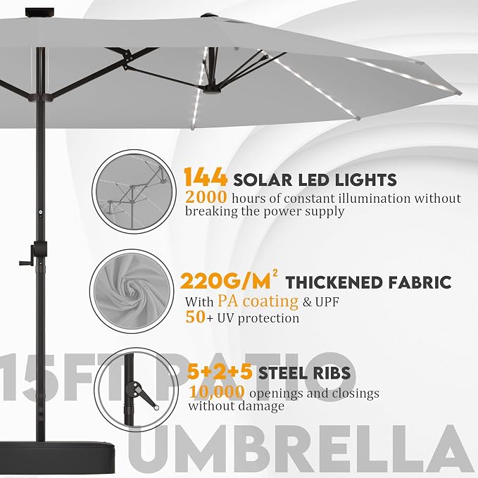 GDPFN 15ft Rectangular Patio Umbrella with Solar LED Lights, Double-Sided Outdoor Market Umbrella with Base Included, Extra Large Shade for Pool, Deck, Backyard, Garden, Light Gray
