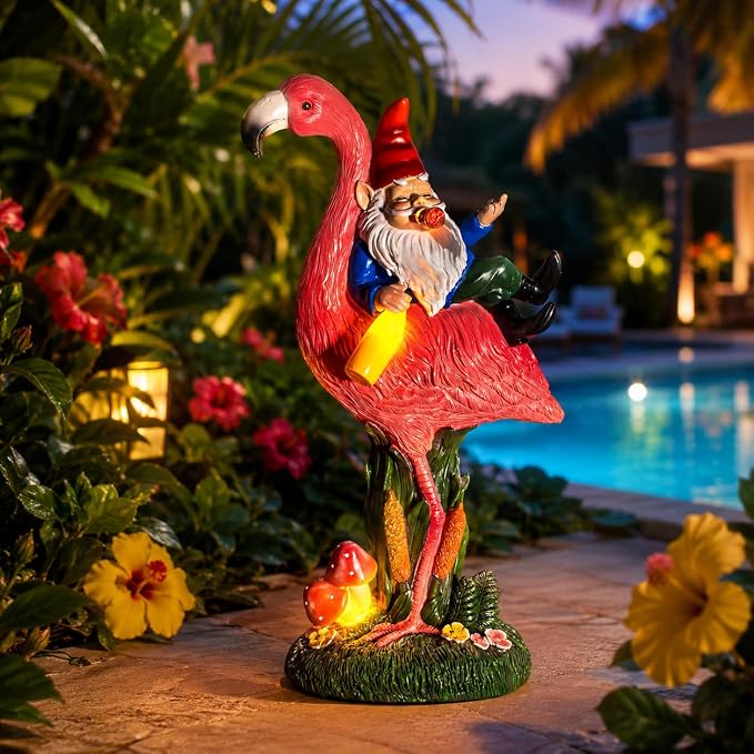Candieslife Middle Finger Gnome Riding Flamingo 13in, Funny Garden Statue Solar Powered Outdoor Yard Decor with LED Beer Bottle & Mushrooms, Waterproof Naughty Lawn Ornament Gag Gift for Patio, Porch