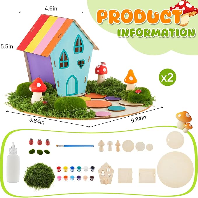 Kathfly 2 Sets Wooden Fairy House DIY Craft Kit for Kids with Paints & Decorations, Unpainted Miniature Garden Accessories for Home Event Party Decorations, Arts Birthday Party Favor (Fairy House)