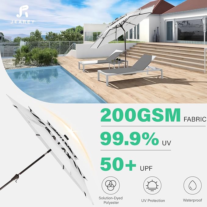 JEAREY 3 Tiers Patio Umbrella with Solar Lights 9ft Outdoor Market Table Umbrellas with Push Button Tilt for Outside Pool Garden, Creamy-white