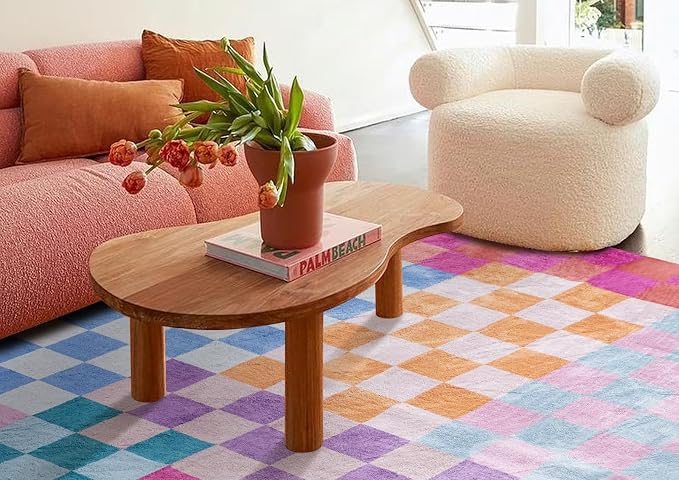 Multicolored Checkerboard Washable Rug 3x5 Ultra Thin Retro Funky Accent Area Rugs for Bathroom Bedroom Kitchen Entryway Dorm Aesthetic, Colorful Checkered Modern Geometric Indoor Doormat