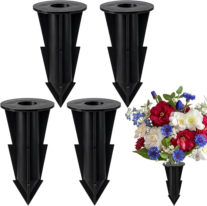 4 Pcs Memorial Artificial Flower Holder, Patio Garden Floral Ground Spikes, Cemetery Flower Container Stakes for Outdoor Yard Grave Faux Flowers Indoor Window Box Planter Pot (Black)