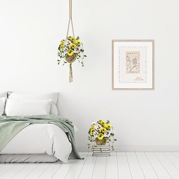 Briful Artificial Pansy Flowers in Baskets, 2PCS Realistic Fake Flowers for Farmhouse Table Decor, All Seasons Faux Indoor Flowers for Home Kitchen Living Room Dining Shelf Decor, White Yellow