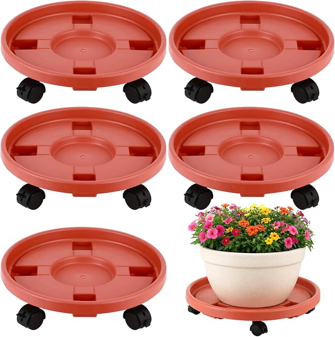 5-pack 11.8" Large Plant Caddy with Wheels Plastic Plant Dolly with Caster Flower Pot Mover Rollers Wheeled Rolling Plant Stands Round Plant Saucer Indoor Outdoor Base Coasters,Terracotta red