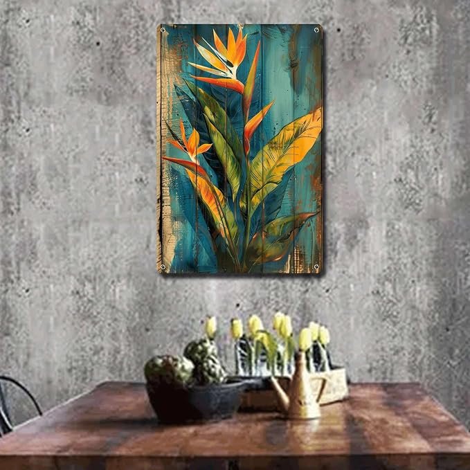 Metal Sign Tin Sign Vintage Wall Art Vintage Bird of Paradise Tin Sign for Exotic Garden Decor Rustic Wall Art and Distressed Wood Pan Metal Sign for Pub 6×8 Inches