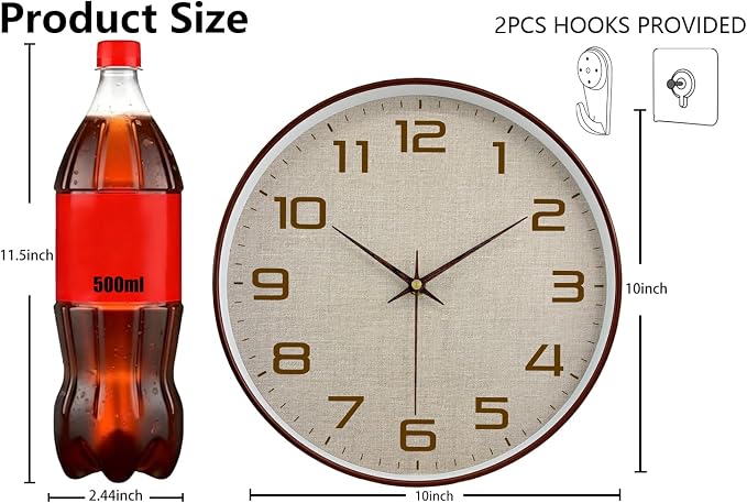 Woodgrain Wall Clock, Silent Non-Ticking Battery Operated Clock 10 Inch, Large Easy-to-Read Number Linen Texture Face Modern Analog Clocks for Living Room Bedroom Kitchen Office Gym, Brown