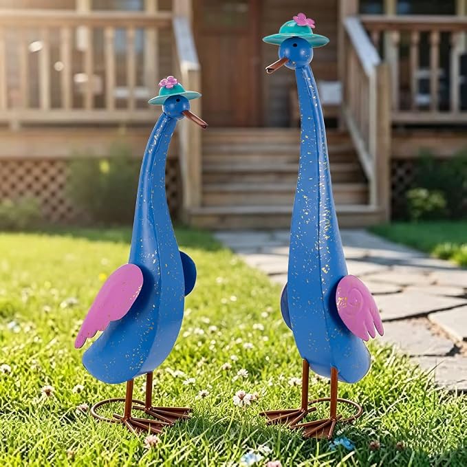 22" Duck Garden Statue Set of 2 Metal Ducks | Outdoor Statues Rustproof Yard Art Porch Animals Lawn Ornament Garden Sculptures Decor for Outside Patio Backyard