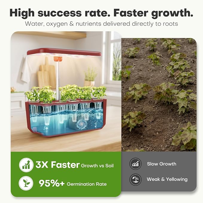 Ahopegarden Hydroponics Growing System: 10 Pods Indoor Herb Garden with LED | Plant Germination Kit with Growth Lamp, Countertop Hydroponic Planter for Fresh Herbs, Vegetables & Lettuce Lovers, Red