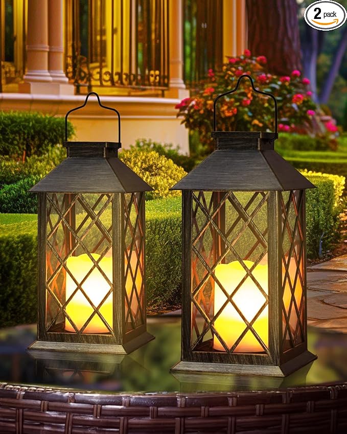 Otdair Solar Lanterns Outdoor Waterproof, 2 Pack 14" Hanging Flickering LED | Auto dusk-to-dawn; Flickering flame effect; 7–8h Runtime; IP65 waterproof; Retro style; Patio yard garden decor; Gift