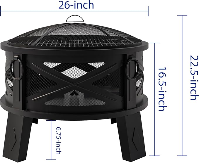 Fire Beauty 26"Steel Fire Pit with Grill Grate&Spark Screen,360° Airflow Boost Technology,Less Smoke,Larger Flames,Heavy-Duty Portable Camping Fire Pit for Backyard,Beach,RV (22lbs,4 Handles,Dual-Use)