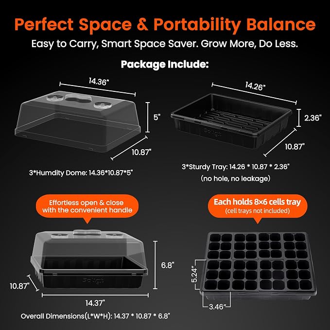 SOLIGT [Thick Plastic] 3-Set Strong Seed Starter Trays with 5" Humidity Domes for Seed Starting, Germination, Seedling Propagation & Plant Growing, Holds 144 Cells in Total