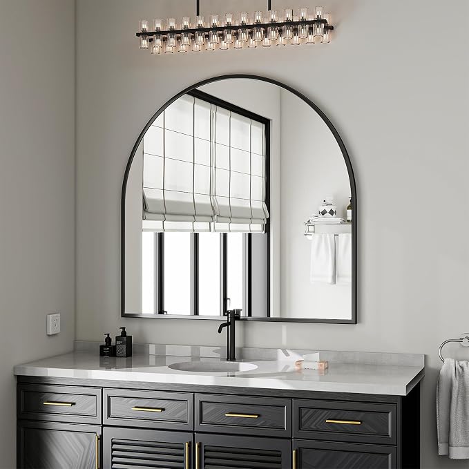 Wide Arched Wall Mirror, 38 x 40 inch Arch Bathroom Mirror Black | Wall Mounted Bathroom Vanity Mirror with Arch Metal Frame, Modern Room Decor for Bedroom, Entryway, Hanging or Leaning