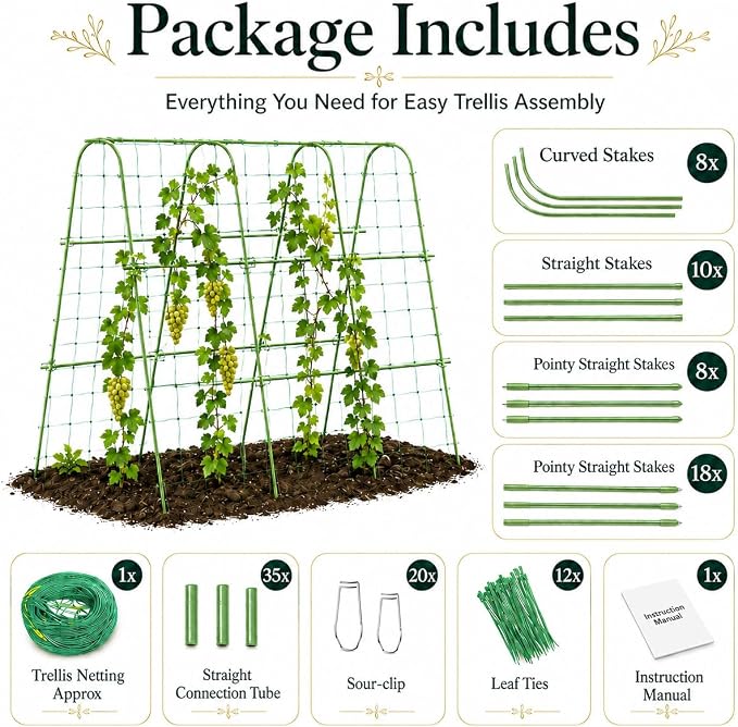 FOLLOOK Cucumber Trellis for Raised Garden Bed, Rustproof Metal Garden Arch Trellis for Climbing Plants Support Outdoor Fruit Grape Vine Vegetable Tomato Bean Pea Trellis, 63x48inch, Green