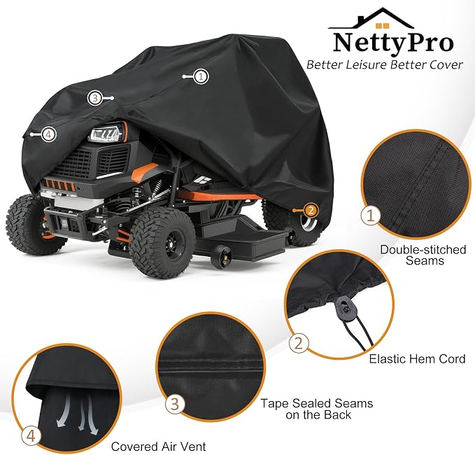 NettyPro Riding Lawn Tractor Mower Cover Waterproof Heavy Duty Outdoor Lawnmower Protection with Storage Bag, Fits Decks Up to 54"