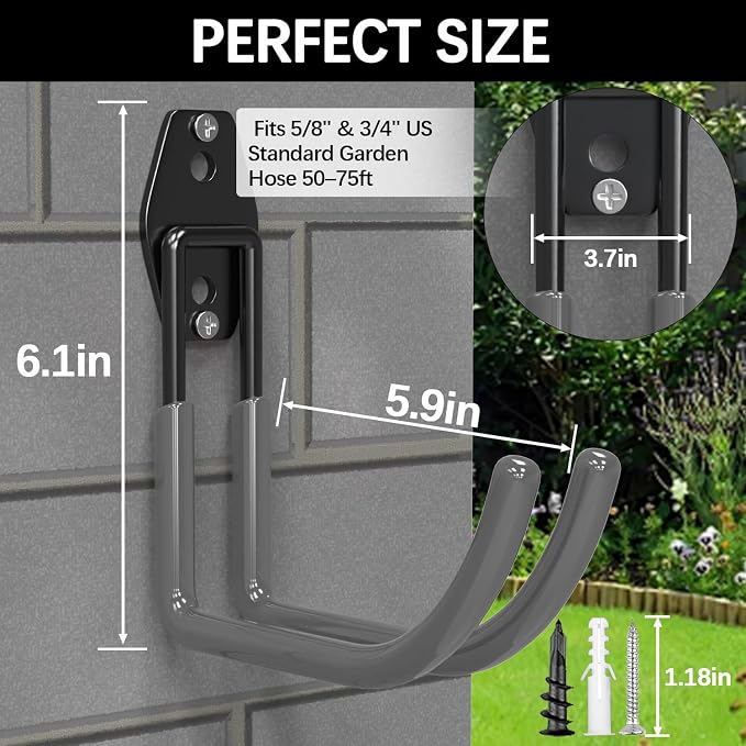 3-H Garden Hose Holder Wall Mount 4 Pack Solid Steel 5.9 Inch Extended Arm Compact Hose Hanger Heavy Duty Water Hose Holders for Outside,Gray