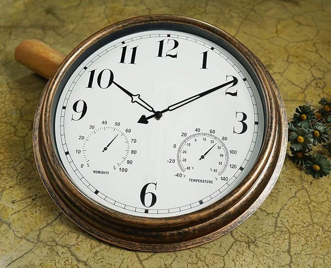 Rsobl 16 Inch Large Indoor Outdoor Wall Clock,Waterproof Non-Ticking Clock with Thermometer and Hygrometer Combo,Battery Operated Clock Wall Decorative-Bronze