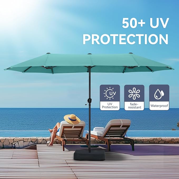 GREEN PARTY 13ft Rectangle Patio Umbrella, Double Sided Outdoor Table Umbrella with Crank & 1.5" Pole, Large Market Umbrella for Poolside Garden Deck Backyard, Turquoise