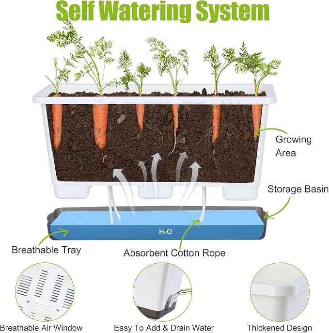 Window Box Planter 6 Pcs, 17 Inches Rectangle Flower Pots with Drainage Holes and Trays, Vegetable Planters for Windowsill Patio Garden Balcony Home Porch Yard Indoor Outdoor (Grey, 17*7.4*7.8 inch)