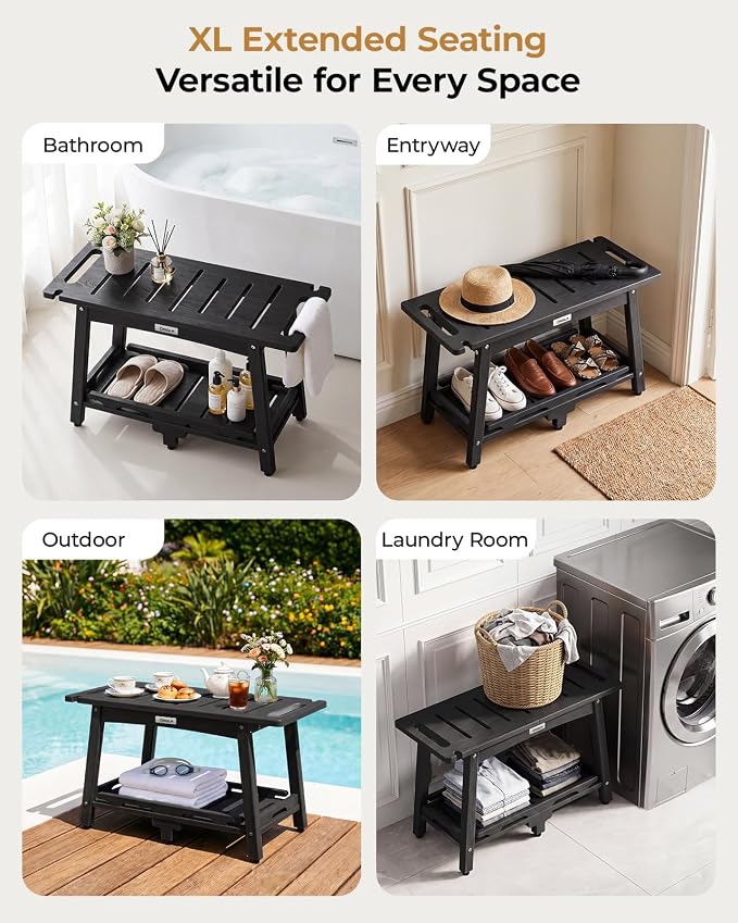 28" Extra Large Shower Bench, HDPE Waterproof Shower Chairs Seat, Adjustable and Non-Slip Feet, Shower Stool for Inside Shower to Sit On, Indoor/Outdoor Use, As Porch Bench, Garden Entryway, Black