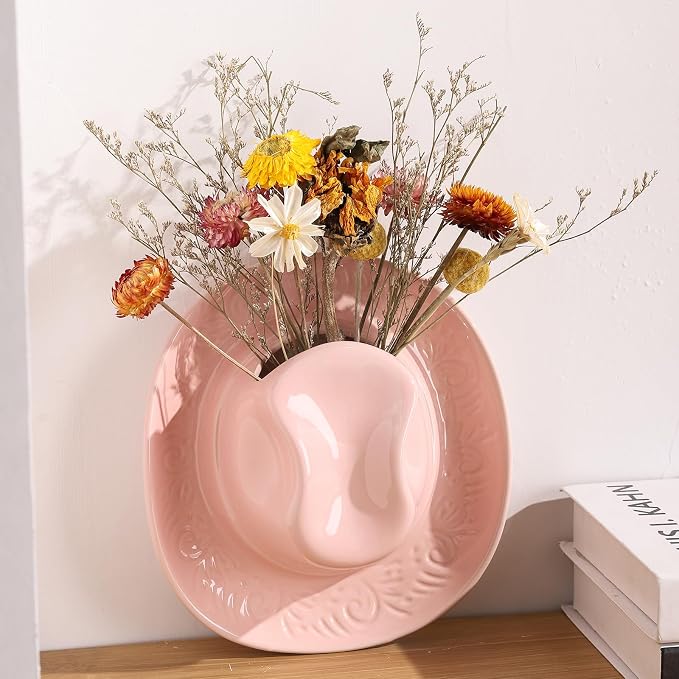 Hanging Wall Planters for Indoor Plants, Wall Vases for Flowers, Ceramic Cowboy Hat Vases for Decor, for Bathroom, Living Room, Office, and Home Decor.Light Pink Medium