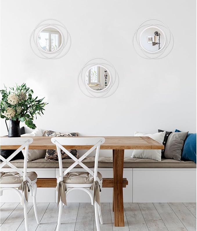 3 Set 12'' White Circle Mirrors Wall Decorative Wire Metal Mirror Art Small Round Mirror Home Decor Hanging Mirror for Room/Bedroom/Bathroom/Entryway