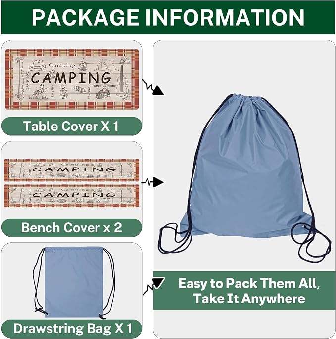 Picnic Table Cover with Bench Covers Elastic Edges, Red Camper Fitted Table Cover, Outdoor Patio Camping Essentials 72 Inch 3PCS, Waterproof Camping Fitted Tablecloth with Drawstring Bag