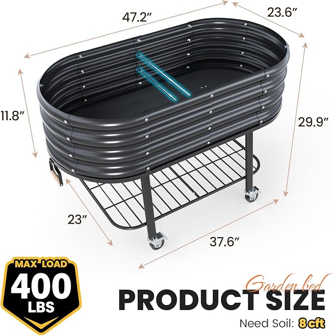 KING BIRD Large Raised Garden Bed with Legs Galvanized Elevated Planter Box 47.2x23.6x29.9 in for Backyard, Patio, Balcony, Dark Grey