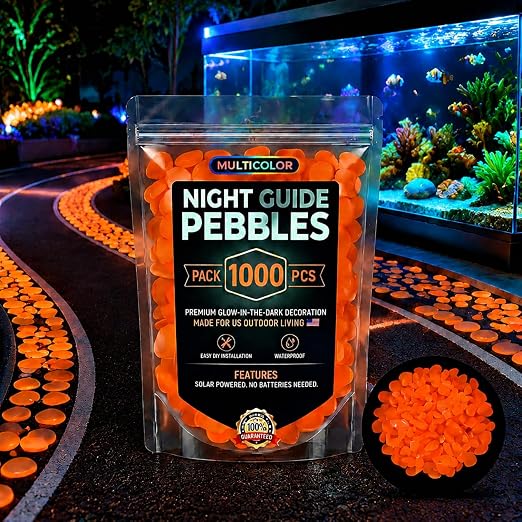 Glow in the Dark Rocks Outdoors, Decorative Night Guide Pebbles for Landscaping & Garden Pathway, Colored Glow Stonesfor Fish Tank, Aquarium Decor & Planters, Luminous Stones for Vases (1000, Orange)