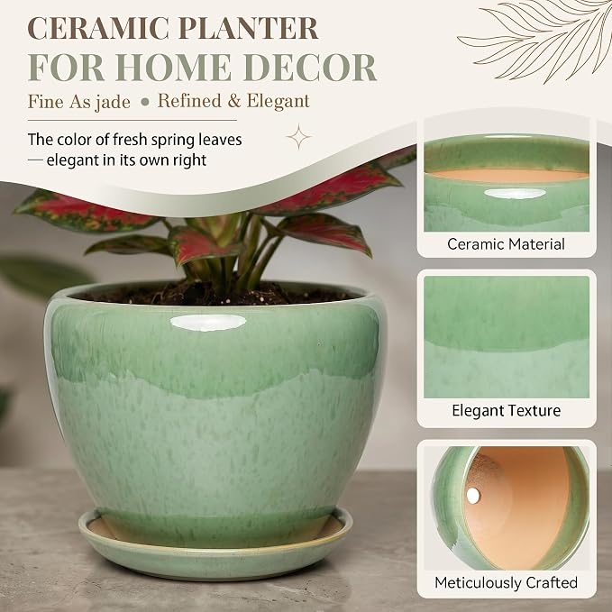 7.5 Inch Ceramic Plant Pot with Drainage Hole Mesh Net,Modern Gardening Pots for Indoor Plants with Saucer, Crackle Green