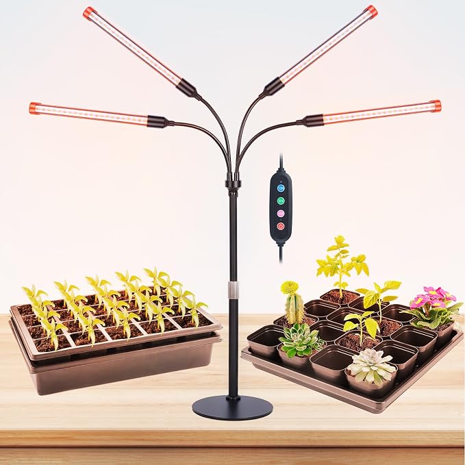 FECiDA 2026 4Head Table Top Grow Lights for Seed Starting, Indoor Plants, Bonsai, 36 Watt Power Draw, NO Need Adapter, 4/8/12/16/20H Timer, 16"-24" Height Adjustable