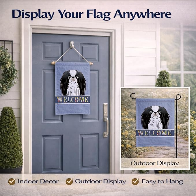 Caroline's Treasures BB1416GF Japanese Chin Welcome Garden Flag, Blue Mailbox Flag Decorative Yard Flag Banner Outside Patio Artwork Yard Flower Beds, Garden Size, Multicolor