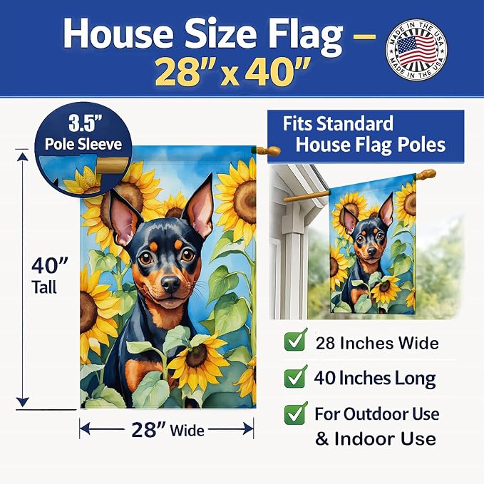 Caroline's Treasures DAC6121CHF Miniature Pinscher in Sunflowers House Flag Large Porch Sleeve Pole Decorative Outside Yard Banner Artwork Wall Hanging, Polyester, House Size, Multicolor