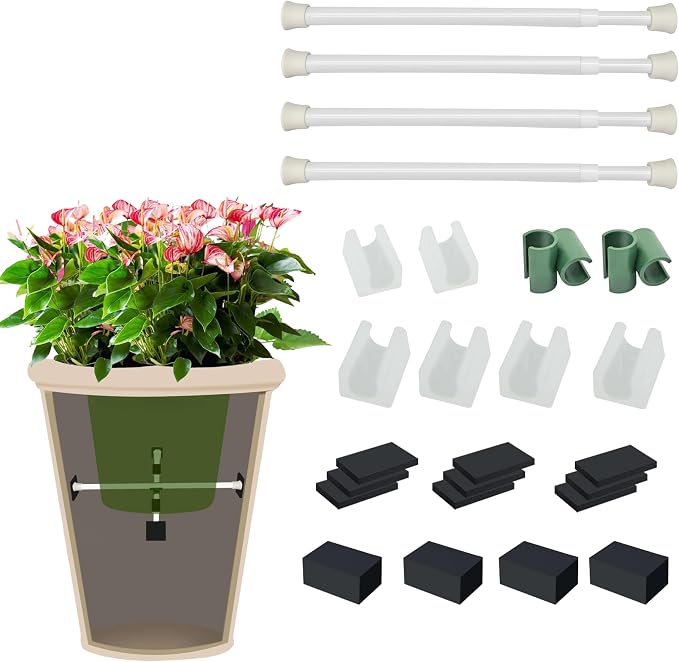 Adjustable Planter Inserts with Dual Telescopic Rods & Cross Connector, Upgraded Adjustable Plant Stand Insert with U-Shaped Clips, Heavy-Duty Plant Lifters for Inside Pots(4, White)